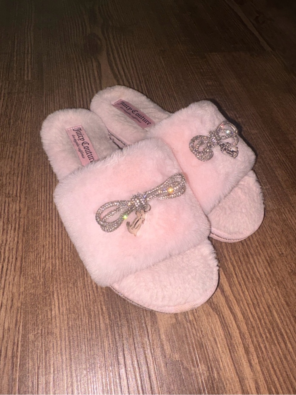 Juicy Couture Light Pink Fuzzy Slide Slippers with Crystal Trim
